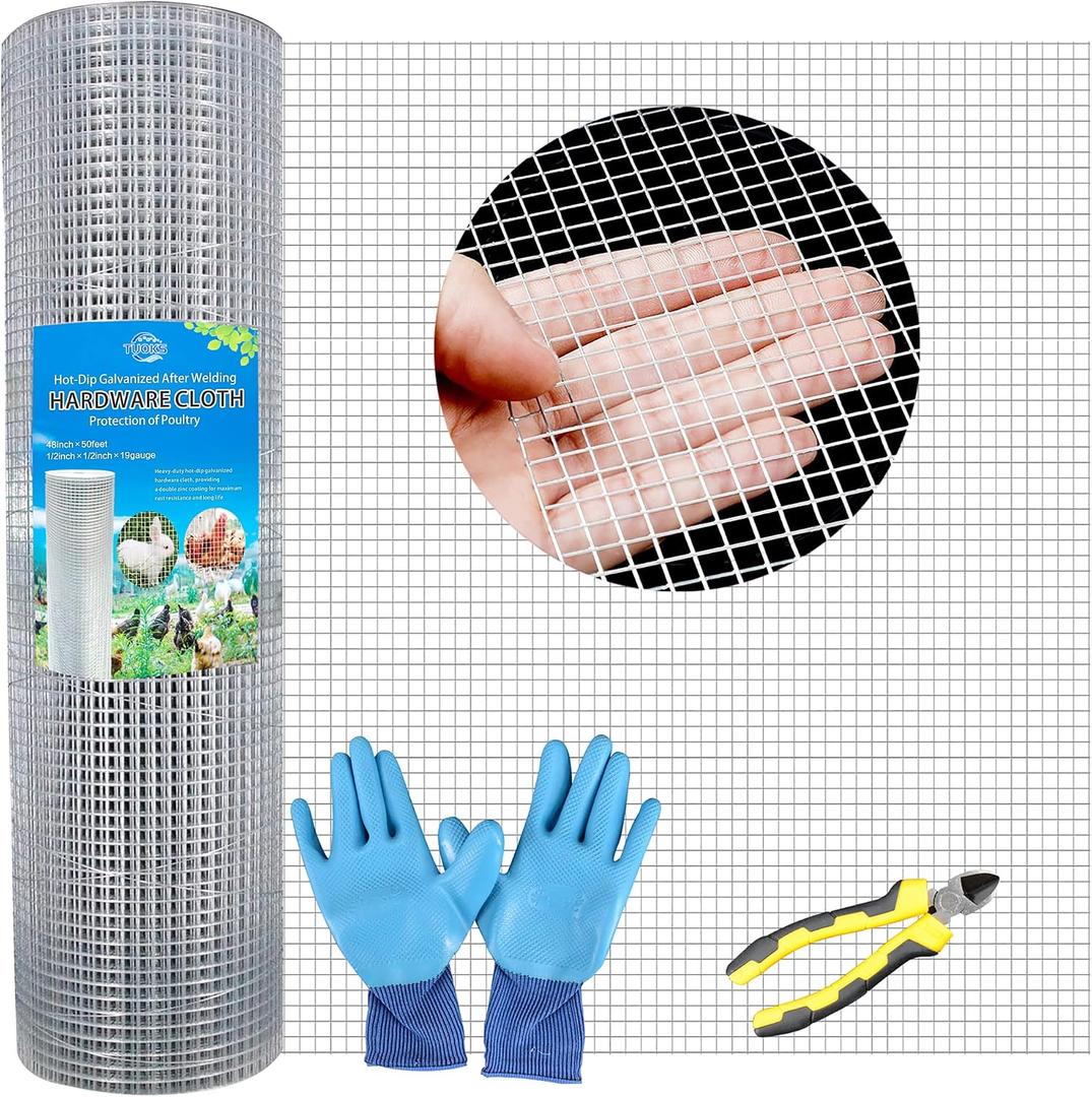 Hardware Cloth 1/2 inch Square Openings - 19 Gauge 48'' x 50' Hot-Dip Galvanized Wire Mesh, Welded Cage Wire Rolls Great for Animal Enclosure Chicken Coop Flower Beds Rabbits Wire Fencing