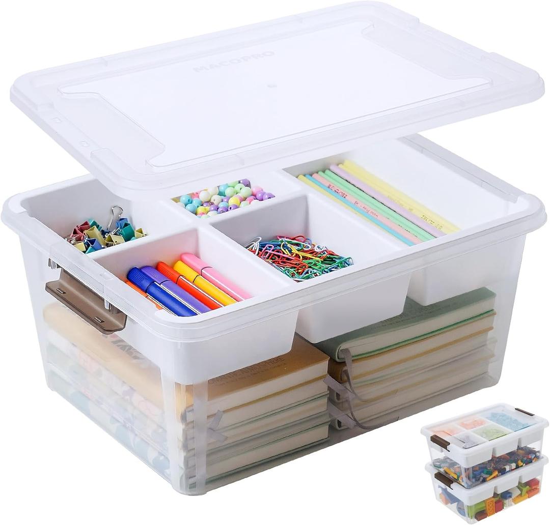 MACOPRO 17 QT Plastic Storage Box with Removable Tray, Bins with Lids, Clear Storage Container for Craft Supplies, Beads, Tools, Sewing, and Playdoh Organization (White, 1Pack-17QT)