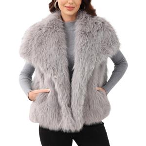 Gihuo Women' s Faux Fur Vest Lapel Collar Sleeveless Furry Jacket Shaggy Jackets Warm Outerwear (Large, Grey)