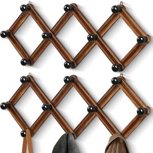 2-Pack Accordion Hat Rack for Wall - Expandable Coat Rack Wall Mount with 10 Hooks - Solid Wooden Wall Hanger for Coats, Hats, Bags & Baseball Caps - Modern Wood Expandable Hat Holder (Brown)