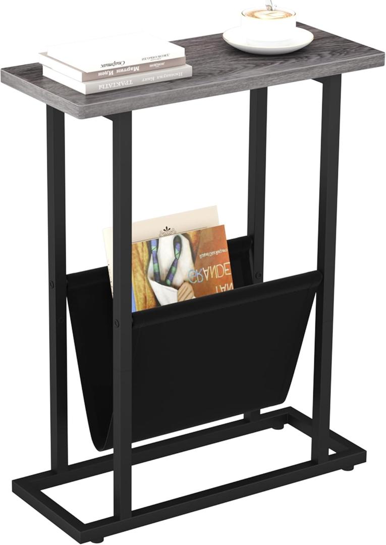 Yusong Narrow Side Table for Small Spaces, Small End Table with Magazine Holder, Skinny Slim Little Thin Table for Living Room, Bedroom, Sofa, Grey Oak (16.5"W)