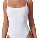 QINSEN Womens Seamed Cup Spaghetti Straps One Piece Bathing Suits Tummy Control Cheeky Swimsuit (X-Large, White)