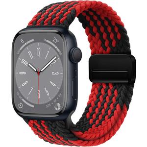 Magnetic Braided Loop Band Compatible with Apple Watch Series 11 10 42mm 9 8 7 6 5 4 40mm 41mm for Women Men, Stretchy Nylon Elastic Sport Strap for iWatch SE 1/2/3, Black/Red