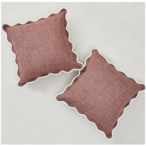 Scalloped Throw Pillow Covers Set of 2 for Living Room, Cotton & Linen, Boho Sytle Decorative Home (Beige & White Edge, 16x16 Inch)