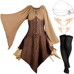 Eurzom 5 Pcs Medieval Fairy Costume Set Women Renaissance Dress Elf Girl Cosplay Ears Accessories Rhinestone Drop Headpiece(Khaki, Coffee, Small)  