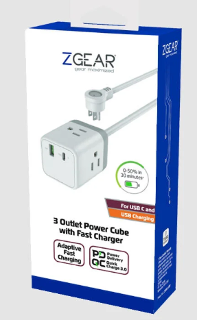 ZGEAR 3 Outlet AC Power Cube with USB A & USB C Fast Charger