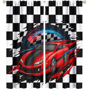 Racing Car Decorative Window Curtains, Race Car Competition Extreme Sports Red Automobile Decorative Curtain Rod Pocket Window Treatment for Boys Teens Men Bedroom Living Room 42x45in