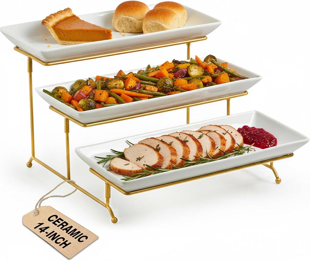 LAUCHUH Large 3 Tier Serving Stand Tiered Serving Trays Collapsible Sturdier Rack with 3 Porcelain Serving Platters for Fruit Dessert Presentation Thanksgiving Christmas Party Display Set, 14 Inch (Gold)