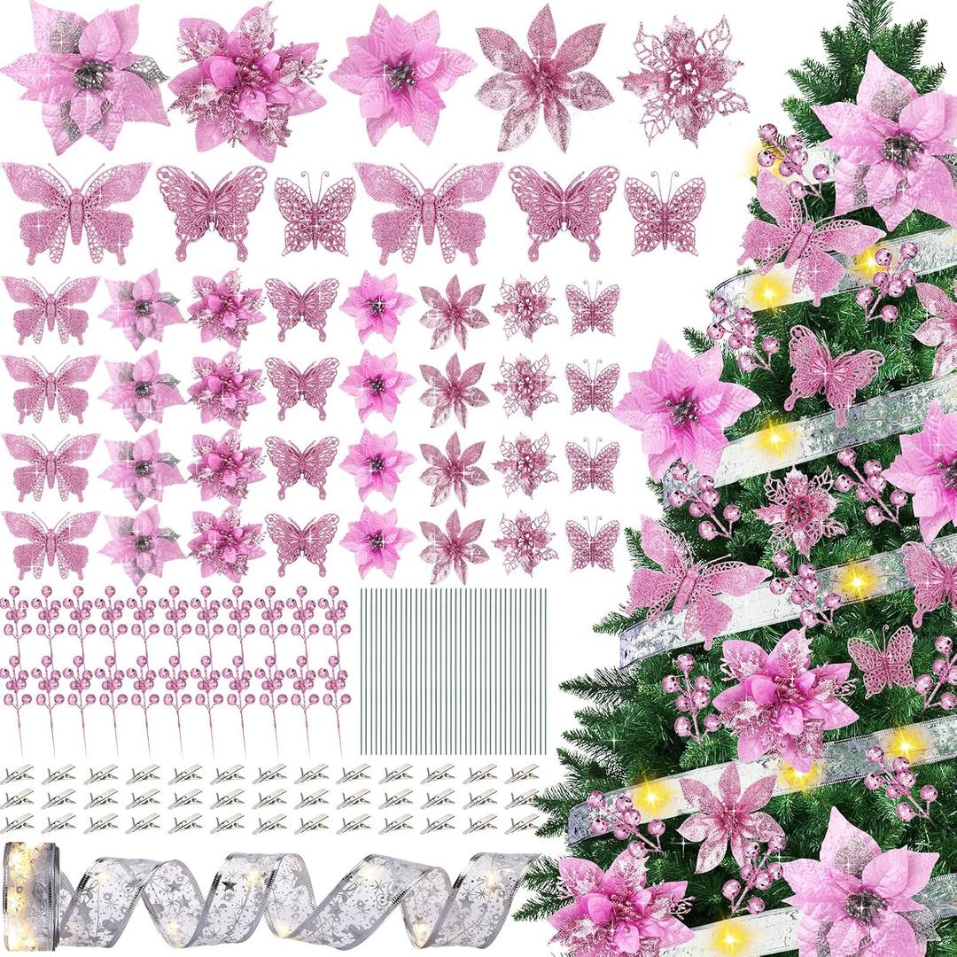 XunYee 137 Pcs 5 Styles Christmas Poinsettia Glitter Flowers 3 Styles Hollow Out Butterfly Artificial Berries Kit with Clips, Stems and 32.8 ft Ribbon for Xmas Tree Ornaments Home Decor(Pink)
