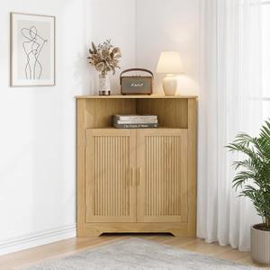 Smuxee Bathroom Corner Cabinet, Floor Corner Storage Cabinet with Fluted Door and Adjustable Shelf, Wooden Narrow Cabinet Organizer for Bathroom, Kitchen, Living Room, 23.4"L x 12.2"W x 38.1"H
