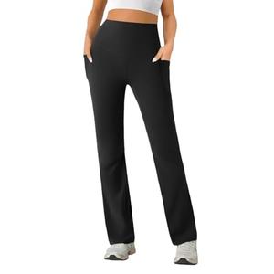 SEAJOJO Womens High Waist Yoga Pants Stretchy Casual Trousers Straight Leg Pull On Side Pockets Black, XL