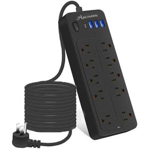 25 FT Power Strips with Surge Protection 1625W/13A,10 Outlets with 4 USB Ports (1 USB C) Long Extension Cord with Multiple Outlets 14-in-1 1700J 16Awg Flat Plug Power Strip Protector Black ETL Listed