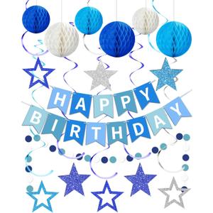 Blue Happy Birthday Decorations, Happy Birthday Banner with Honeycomb Balls, Stars Hanging Swirl Streamers, Dots Garland, Party Decorations for Men Boys Women Girls