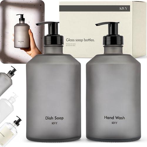 KIVY Glass Soap Dispenser Set [INCL. Waterproof Labels] - Glass Soap Dispenser with Pump - Hand Soap and Dish Soap Set - for Kitchen, Shower & Bathroom - Refillable (Matte Black)