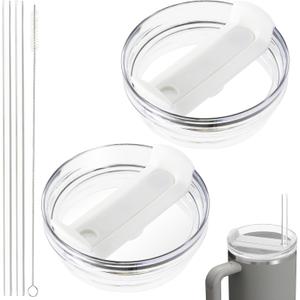 40oz Tumbler Lid Compatible for Stanley, 2 Pack Replacement Tumbler Lids Fit for Stanley Quencher 2.0 Tumbler 40 OZ, with Straws and Cleaning Brush (Clear White)