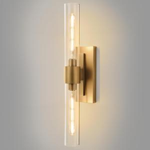 Champagne Brass Bathroom Wall Sconce - Modern Gold Light Sconces - Dimmable Lighting Fixtures - Vertical or Horizontal Mounted Clear Glass Tube Vanity Lights for Indoor Living Room Hallway (1 Pack)