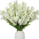 5Pcs Small Artificial Flowers, White Silk Lilac Flowers with Stems Faux Hyacinth Flower for Centerpiece Spring Floral Stems for Vases Fillers Farmhouse Fake Wildflowers for Home Kitchen Wedding Decor