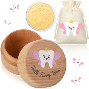 3 Pcs Tooth Fairy Gifts for Girls and Boys Tooth Fairy Box Coin Unicorn Bag with Gold Foil Reward Coins Wood Baby Keepsake Box for Lost Teeth Kids Birthday Gift