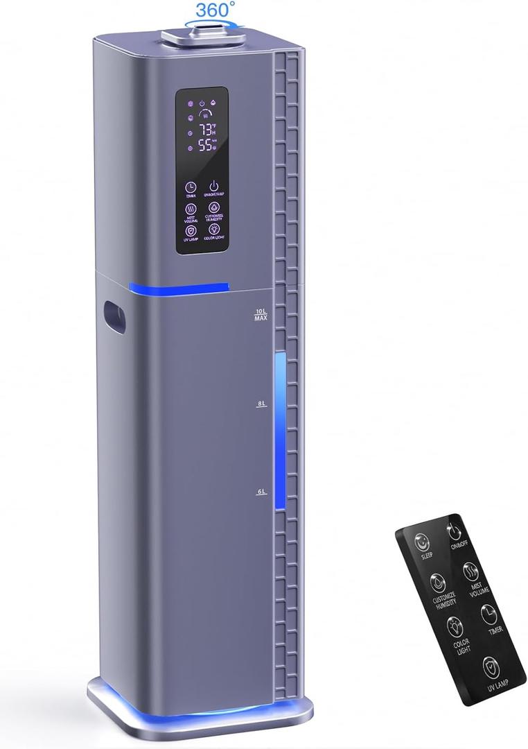 10L/2.64Gal Humidifiers for Bedroom, Top Fill Quiet Ultrasonic Cool Mist Humidifier Large Room, Covers 550ft, 60H Runtime, 24H Timer, 3 Mist Modes Humidifiers for Home, Office, Plants, Purple