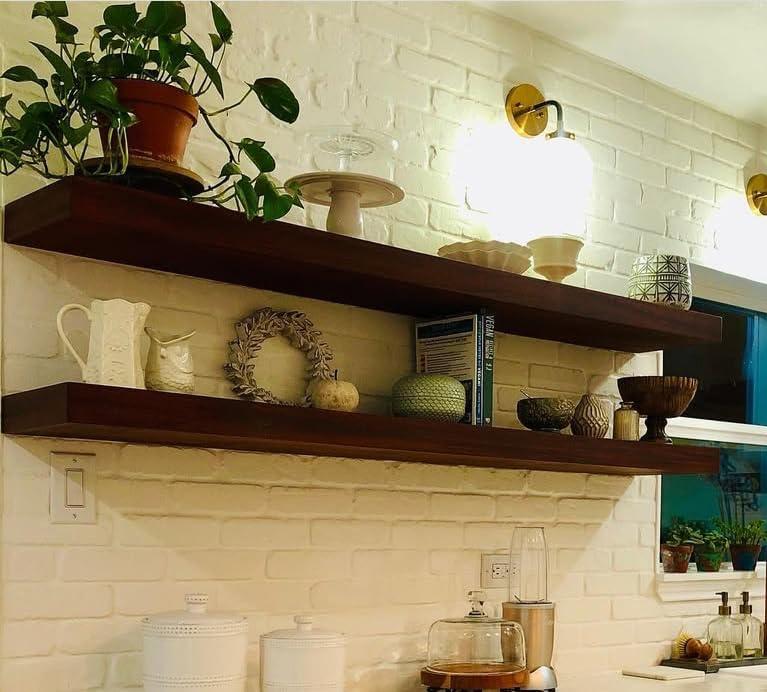 IEO Long Wooden Floating Shelves for Room Wall, Natural Wood Floating Shelves Wall Mounted Kitchen Shelf for Living Room, Bedroom, Kitchen,Bathroom, Storage (Walnut, 48in 2tier)