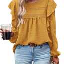 PRETTYGARDEN Women's Long Sleeve Shirts Ruffle Swiss Dot Crochet Loose Fit Tunic Dressy Casual Tops Blouses Spring Fashion (XS)