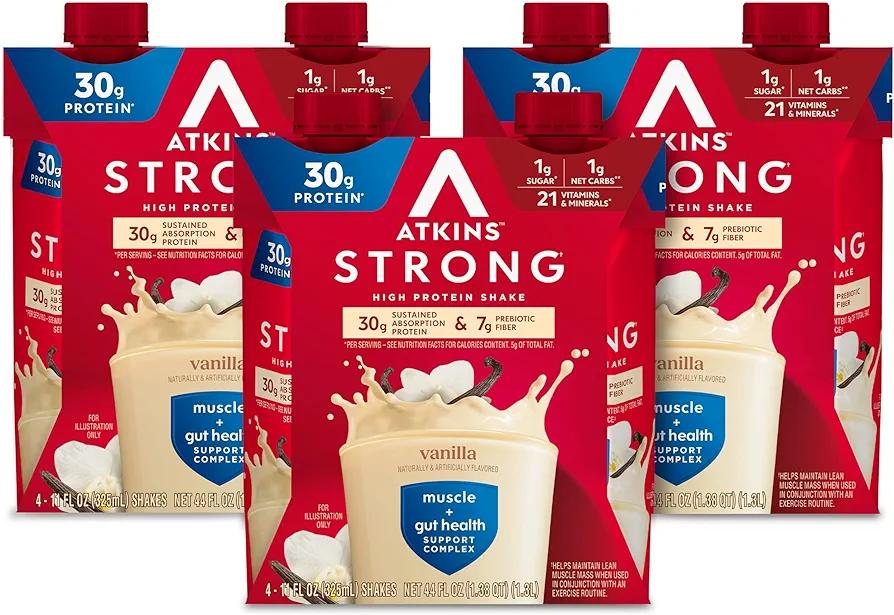 Atkins Strong High Protein Shake, Vanilla Flavored, 30g Protein, Low Carb and Low Sugar Shake, Keto Friendly, Gluten Free, Muscle and Gut Health Support Complex, 12 Count, Best By: 02/14/2026