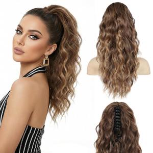 Clip on Ponytails for Women - 18 Inch Curly Ponytail Extension, Wavy Pony Tails Hair Extensions, Synthetic Hair Extensions Ponytail, Clip in Ponytail (Color: Light Brown with Blonde Ends)