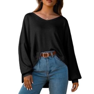 IWOLLENCE Womens Long Sleeve Shirts Oversized V Neck Tunic Tops for Women Waffle Knitted Pullover Sweater Top Black Large (Black, L)