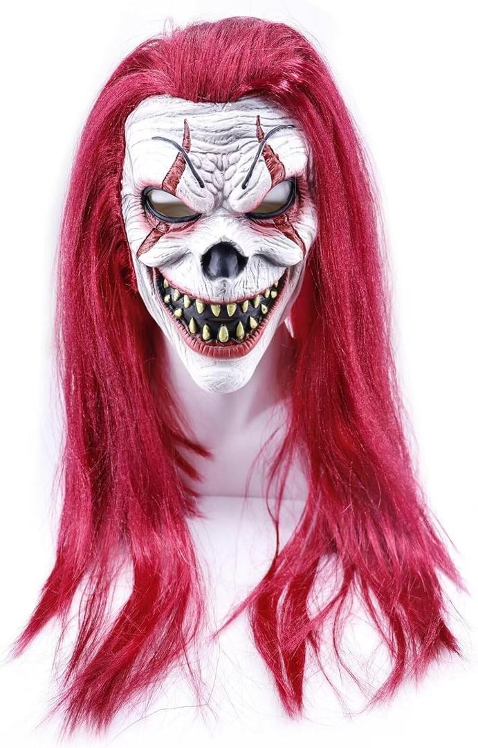 Scary Clown Mask Horror Devil Mask with Long Hair Halloween Cosplay Red Wig Creepy Masquerade Party Accessories