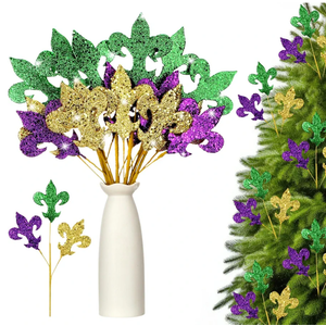 Suncalla 12 Pcs Mardi Gras Decoration Mardi Gras Picks 15 Inch Glitter Fleur De Lis Picks Carnaval Purple Green Gold Ornament for Tree Topper Home Floral Arrangement Wreath Party Decor