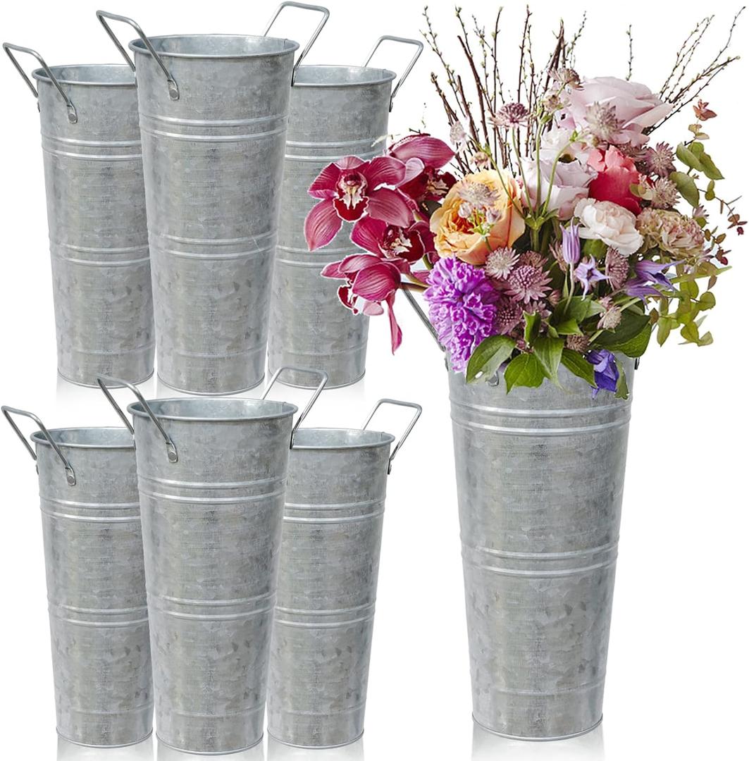 Set of 6 Galvanized Metal Vases Farmhouse French Flowers Bucket Vase with Handles Rustic Tin Flower Holder for Cut Plants Housewarming Gift for Balcony Garden Courtyard