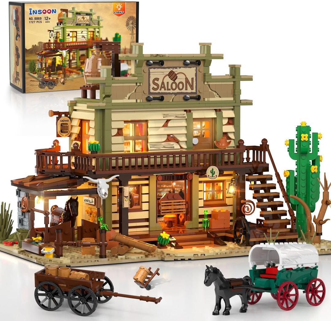 Western Saloon Building Set with LED Light, Wild West Building Block Toy 1727 PCS, Old West Construction Model with Horse Stable Cowboy Hat, House Building Kit Gift for Adults Teens 12+