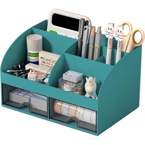 Desk Organizer with 6 Compartments and 2 Drawers, Plastic Makeup Organizer, Pen Holder for Desktop Storage, Desk Organization for School, Home, Office Supplies (Dark Green)