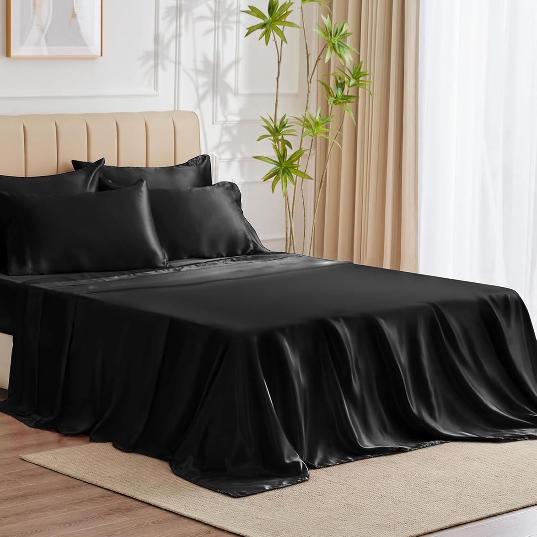 CozyLux Satin Sheets Queen Size - 6 Piece Black Bed Sheet Set with Silky Microfiber, 1 Deep Pocket Fitted Sheet, 1 Flat Sheet, and 4 Pillowcases - Smooth and Soft