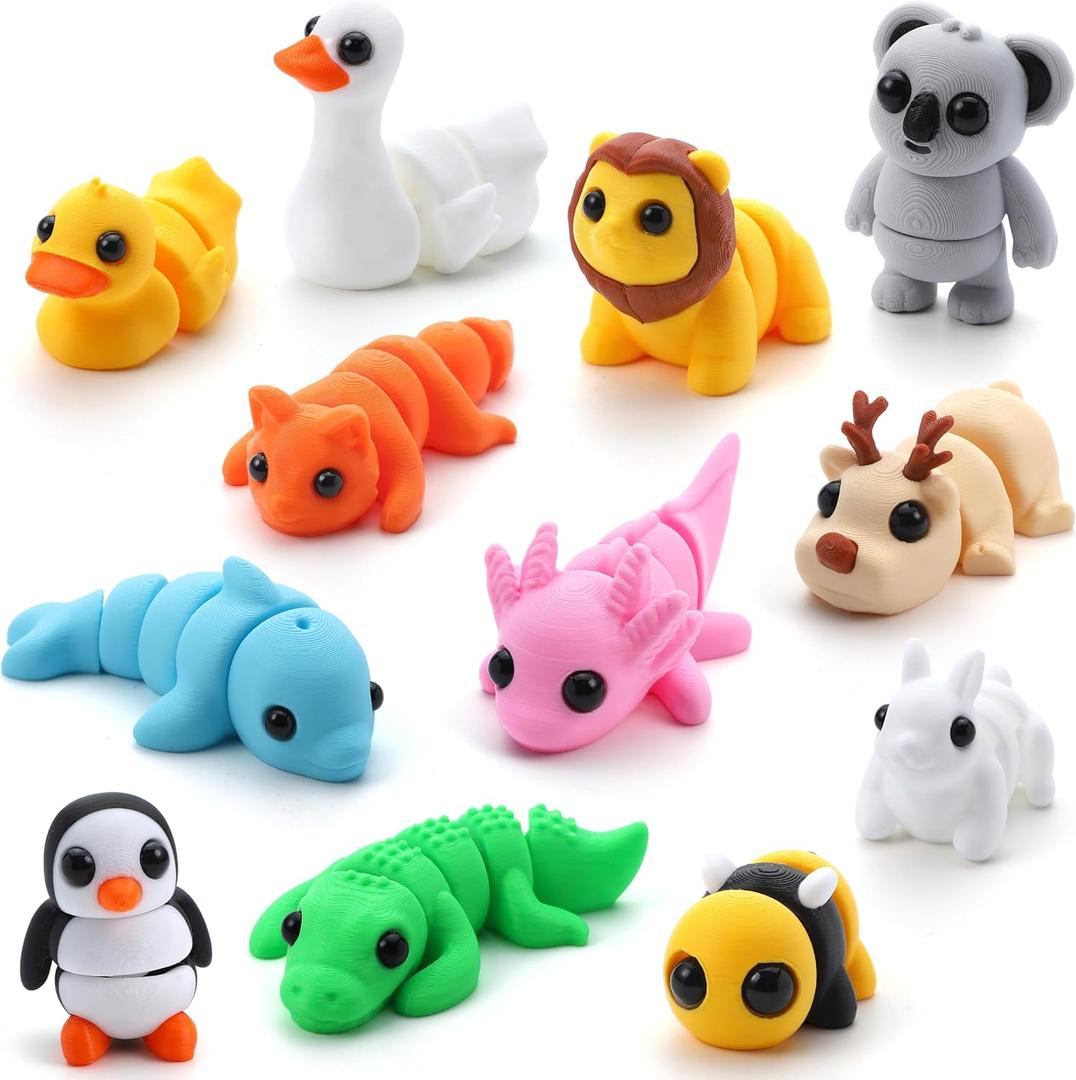 JOYIN 12 Pcs 3D Printed Animals Set, Mini Animals 3D Printed Toys - Cute Articulated Flexible Figurines Fidget Toys for Easter Party Favors Birthday Gifts Desk Pets Office Home Decor