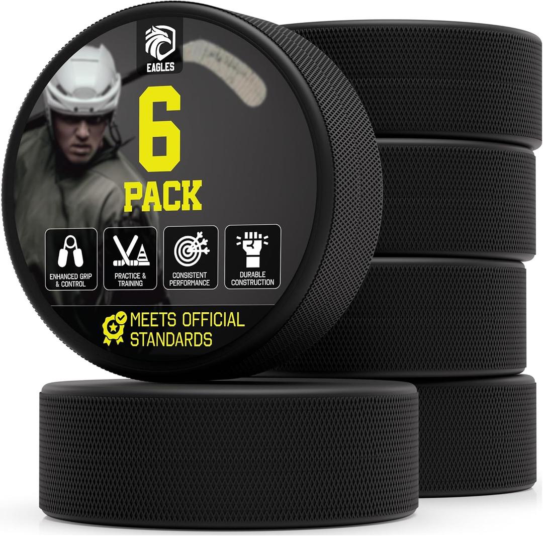 EAGLES Ice Hockey Pucks 1, 2, 3, 6 or 50 Pack | High Grade Pucks Official Regulation Weight & Size for Practice & Classic Training - 6 oz Diameter 3" Thickness 1" Black Hockey Puck Roller Hockey