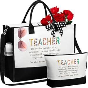 MAYICIVO Best Teacher Appreciation Gifts for Women: Funny End of Year Teacher Gifts Set with Canvas Tote Bag & Makeup Bag in White