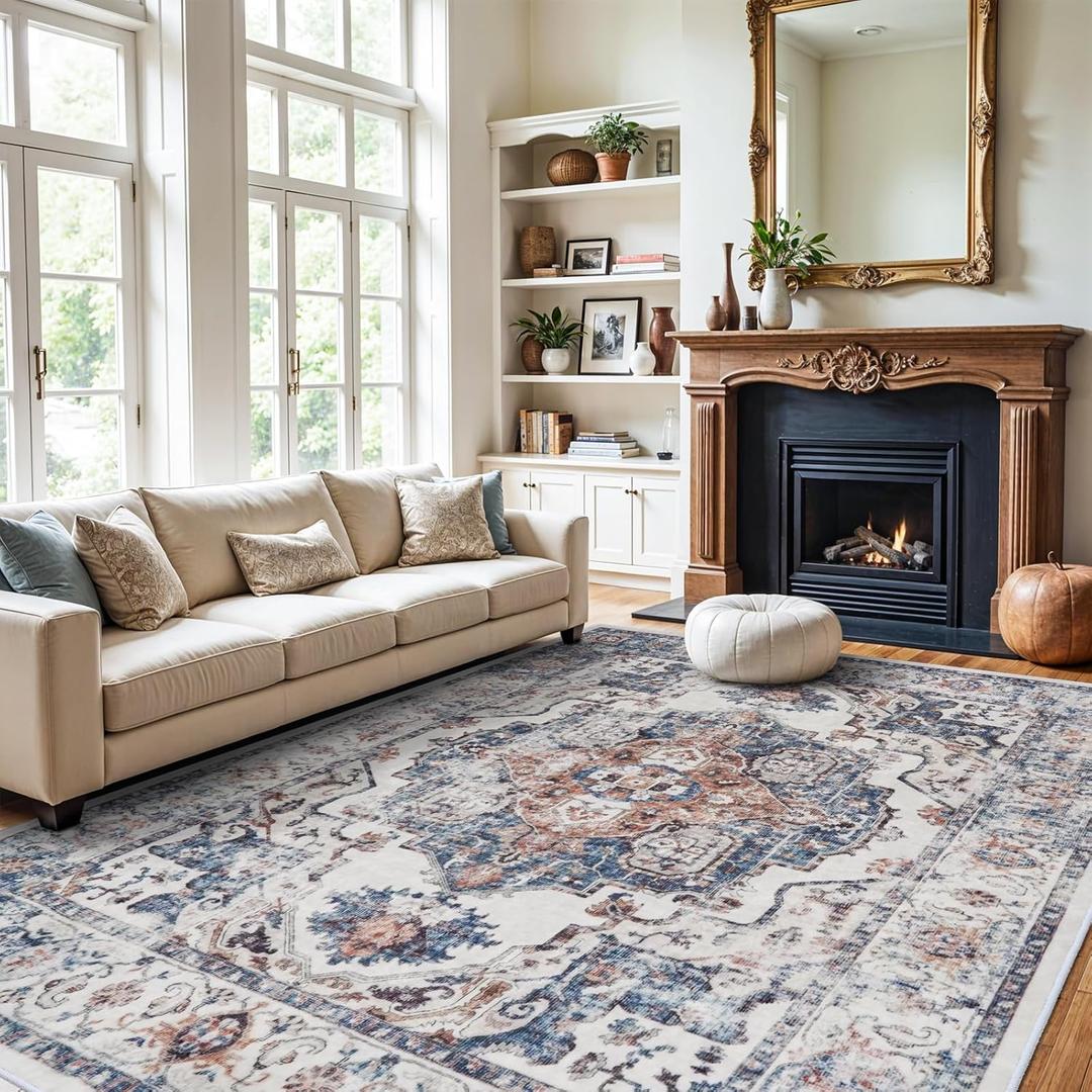 Washable Large 9x12 Area Rug: Living Room Oriental Non Slip Soft Rugs Indoor Low Pile Stain Resistant Carpet for Bedroom Dining Room Farmhouse Distressed Thin Home Decor Floor Mat (9x12 Brick)