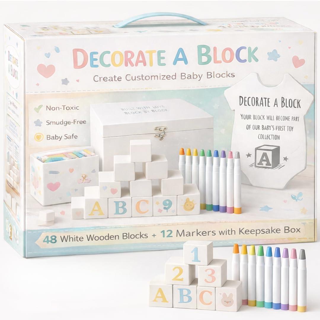Nolia Baby Shower Blocks Decorating Game  48 White Wooden Cubes to Decorate, Storage Box, 12 Acrylic Markers & Instruction Sign