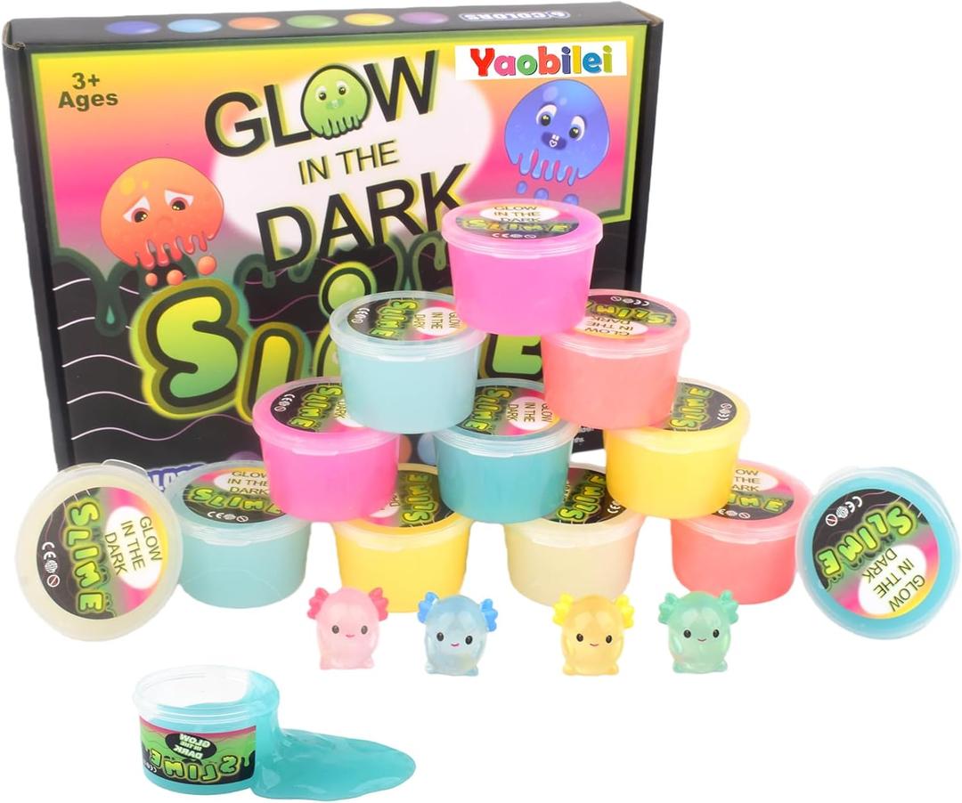 12 Pack Glow in the Dark Slime Kit with Axolotl Charms, Non-Toxic Mess Free Smooth Sludge Toy, Party Favors for Kids, Stress Relief, Slime Bulk for Boys Girl, Easter Stocking Stuffers