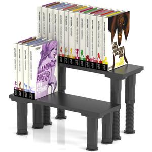 Manga Shelf Risers, 2 Pack Book Riser for Bookshelves, Black Wooden Height Adjustable Comic Books Shelves for Double Rows Display Stand for Books, Collectibles, Anime Figurines, Blind Boxes, CDs