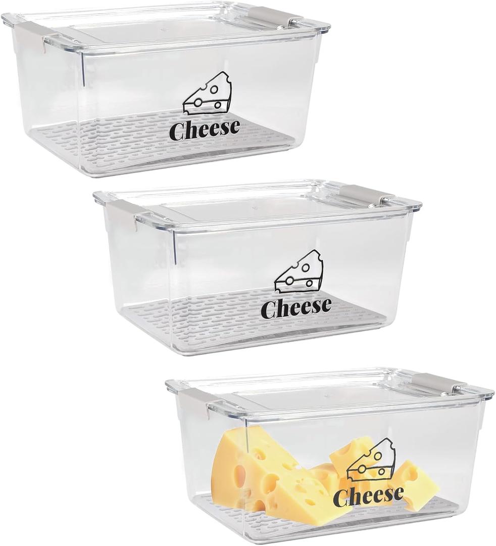 3 Pack Cheese Container Airtight with Draining Basket Cream Cheese Sliced Cheeses Box with Lid,Shredded Cheddar Cheeses Storage Container for Refrigerator,Refrigerator Organizers and Storage Box