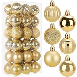 36-ct Christmas Balls Ornaments Set, 1.97-Inch Christmas Tree Balls with Hanging Strings, 6 Classic Finishes Shatterproof Plastic Decor for Xmas Holiday Wedding Party Home Indoor Decorations-Gold
