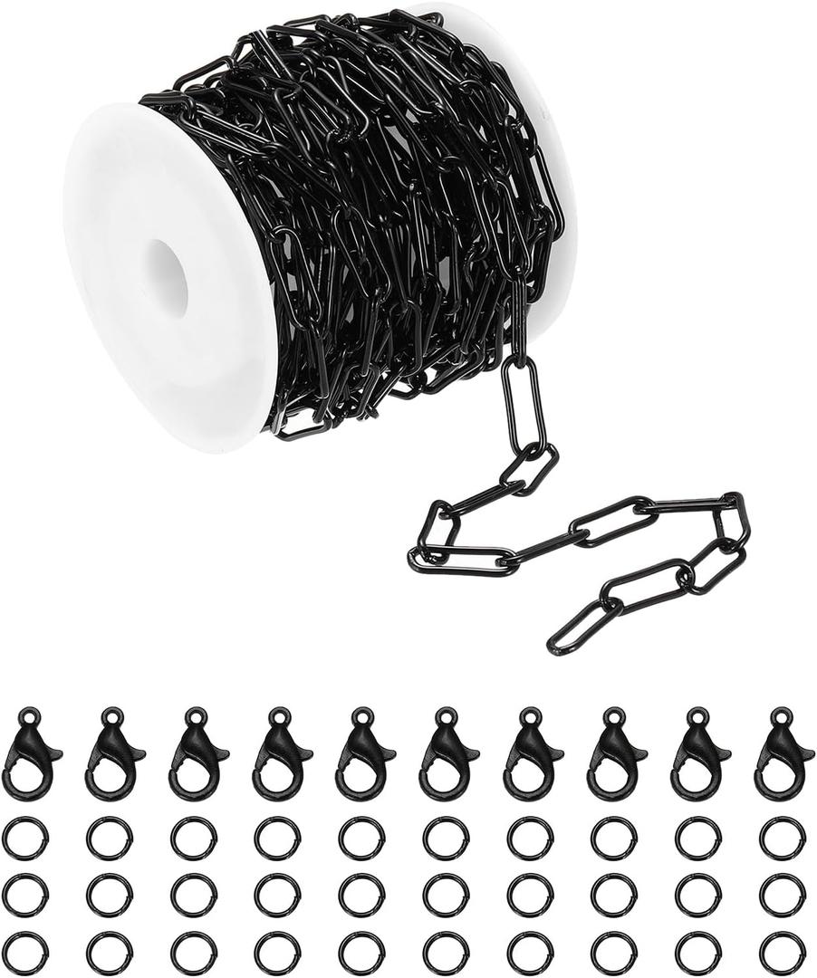 MECCANIXITY 16ft Black Plated Chain Stainless Steel Paper Clip Necklace Chains Bulk with Jump Rings Lobster Clasps for Jewelry Making DIY Crafts