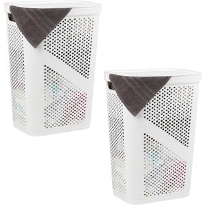 Mind Reader 60L Slim Laundry Hamper, Clothes Basket, Lid, Ventilated, Plastic, Set of 2, White, 2-pack