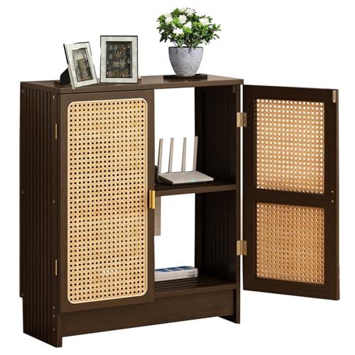 Jueraori WiFi Router Storage Cabinet, Bamboo Router Cabinet with Adjustable Shelves, Multimedia Audio Rack with Doors, 2 Layer Standing Cabinets for Home and Office