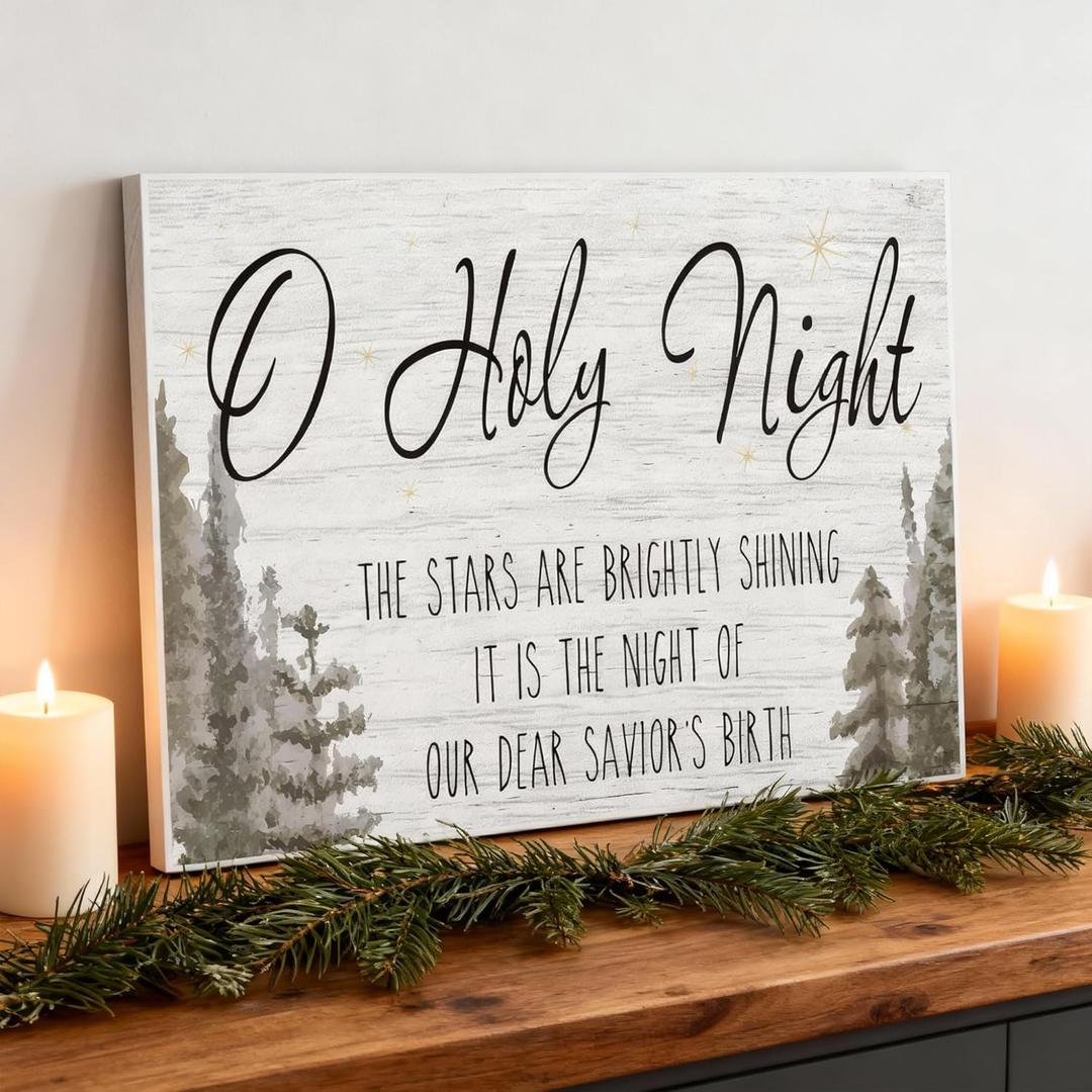 LITIVY Christmas Wall Art O Holy Night Christmas Decor Wooden Black & White Pine Tree Wall Sign Winter Decorations (White, 16x24)