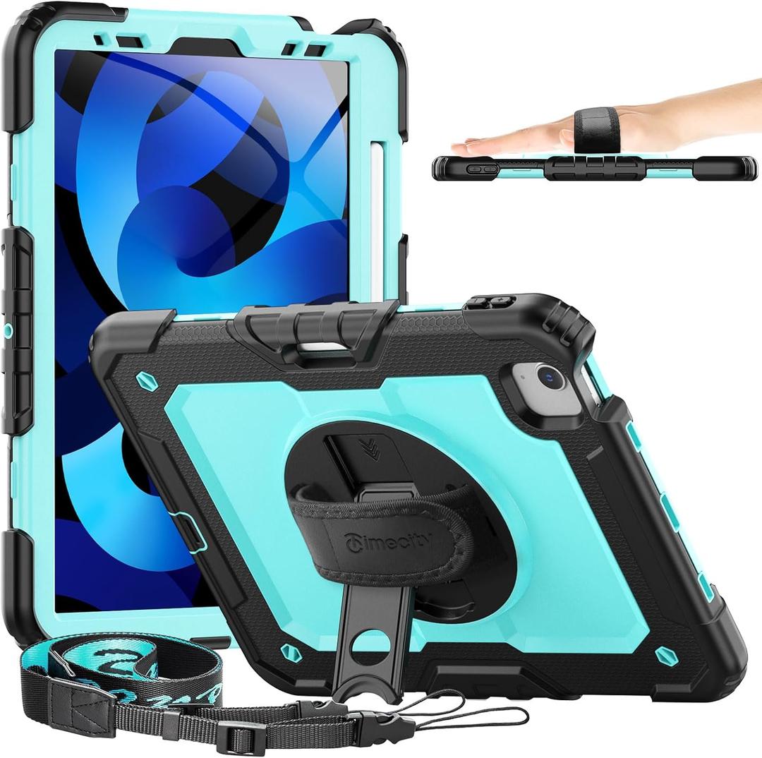 Timecity iPad Air 4/ 5 Case 10.9 Inch 2020/ 2022 iPad Air 4th/ 5th Generation Case with Screen Protector/ Swivel Kickstand/ Hand Strap/ Pencil Holder Cover for iPad Air 5th/ 4th Generation 10.9'', Light Blue