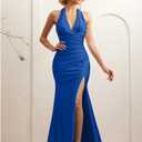LAGSHIAN Women's Elegant V Neck Halter Backless Bodycon High Split Ruched Long Formal Evening Dress (Blue, XL)