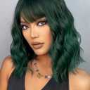 LOSMOEER Dark Green Wig with Bangs Short Wavy Wigs for Women Shoulder Length Curly Bob Wigs Heat Resistant Synthetic Wigs for Halloween Cosplay Daily Party Use,14 Inch, Dark Green